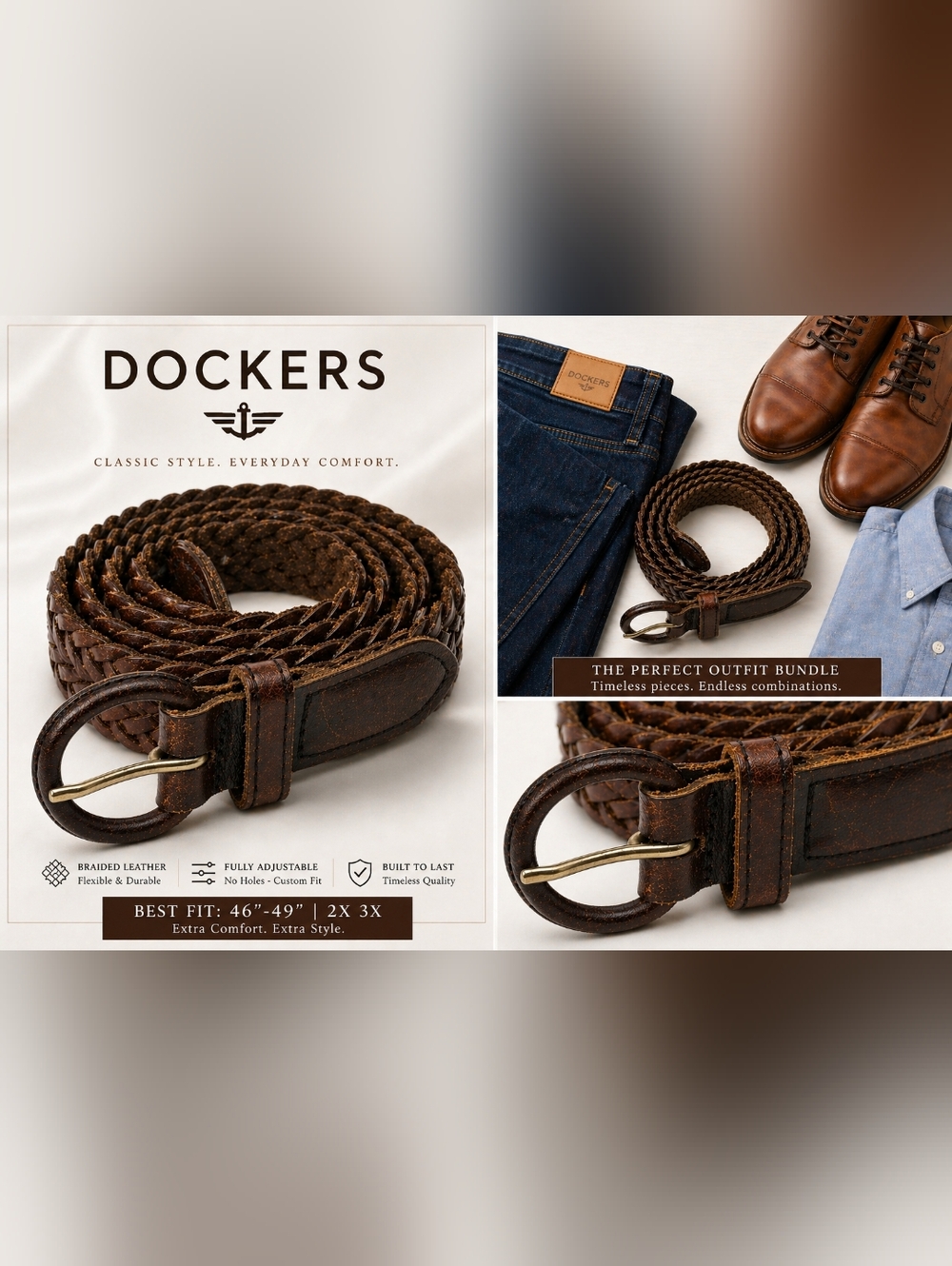 Dockers Braided Leather Belt Mens Size 2X 3X Brown Woven Adjustable Classic
